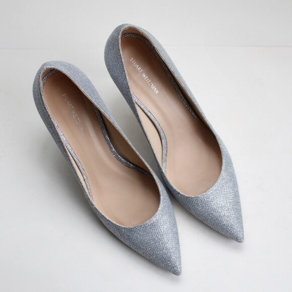 Stuart Weitzman Silver Leigh Metallic Stiletto Pointy Toe Pumps Size 9.5 - Picture 4 of 8